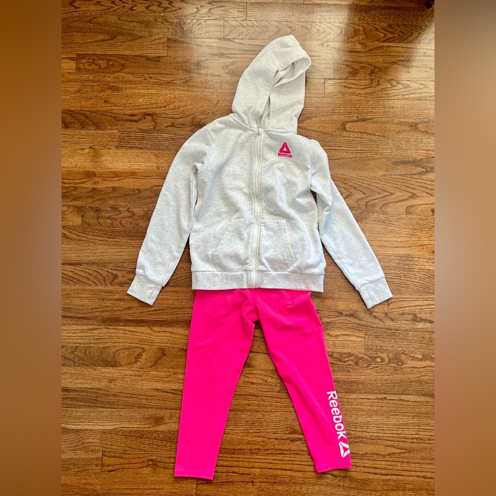 Reebok Light Gray Zip-Up Hoodie and Bright Pink Leggings